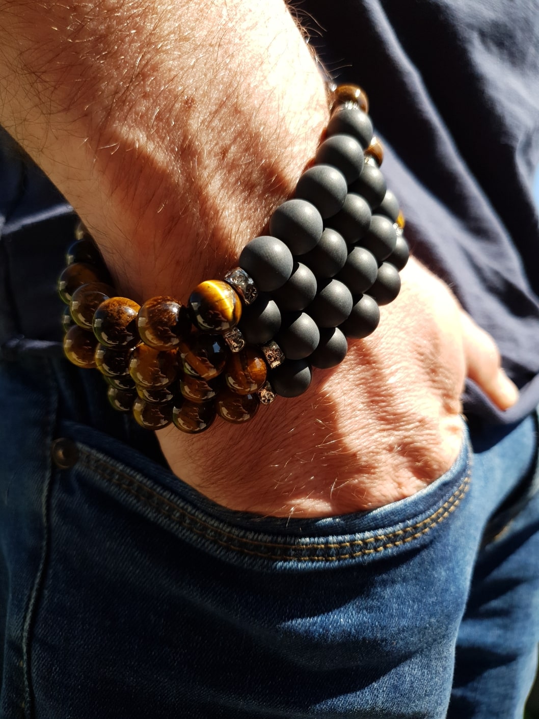 Bracelet Oeil de tigre &amp; Onyx mat Taille XL